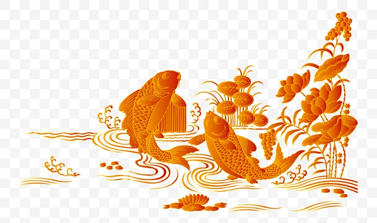 鲤鱼 金色鲤鱼 荷花 荷塘 荷塘鲤鱼 贴画 装饰 中国风 中国元素 