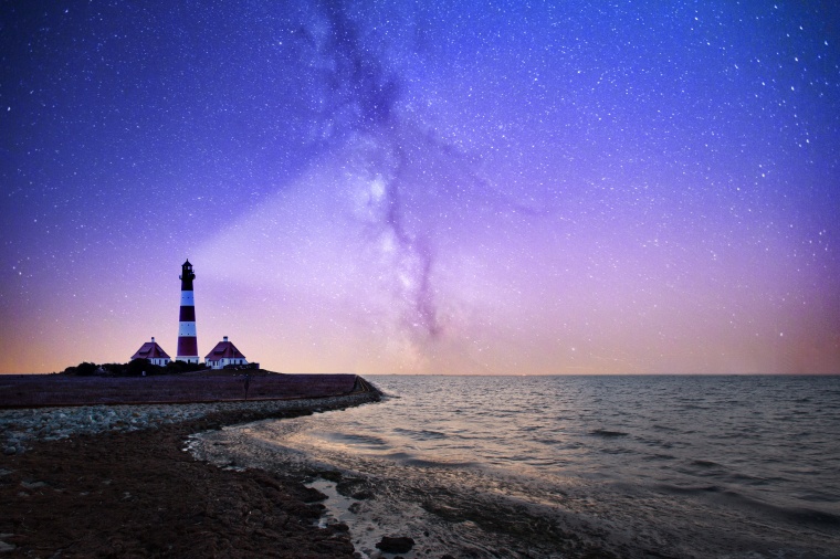 海滩 海边 大海 港湾 灯塔 天空 星空 夜幕 暮光 