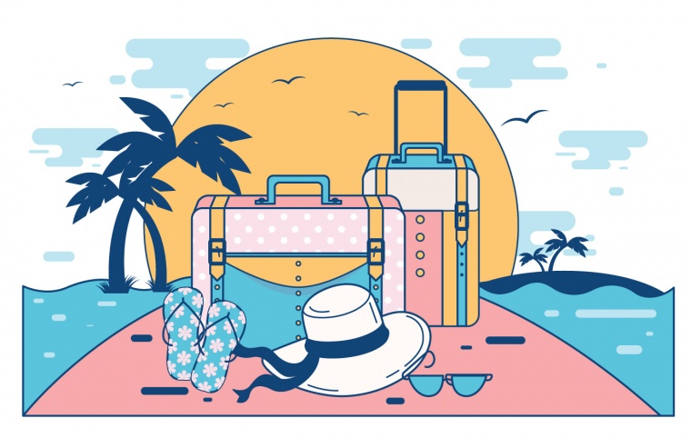 夏天插图 夏季插图 夏天 夏季 夏天矢量素材 夏季矢量素材 沙滩 海滩 椰树 旅行箱 