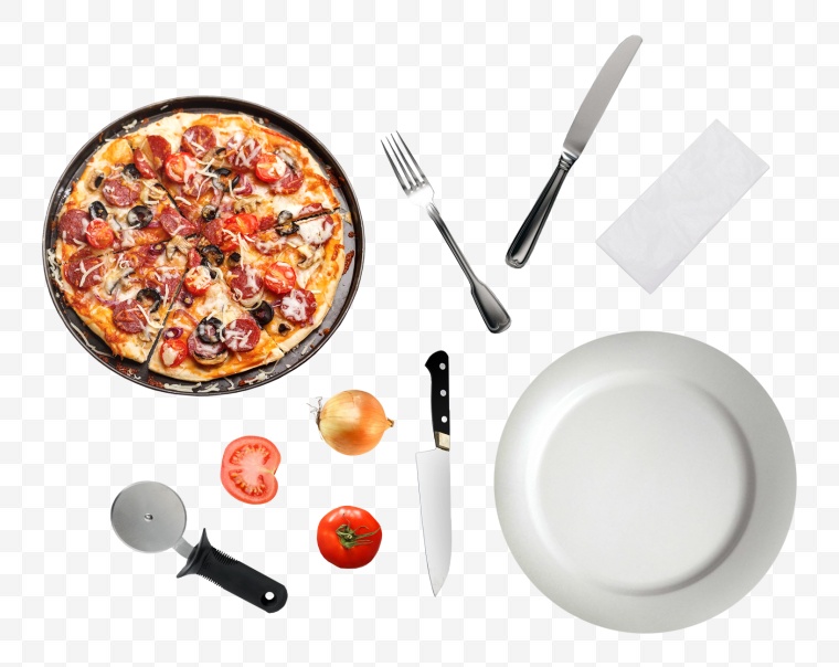 餐具 厨具 披萨 空盘子 白色盘子 刀叉 番茄 西红柿 